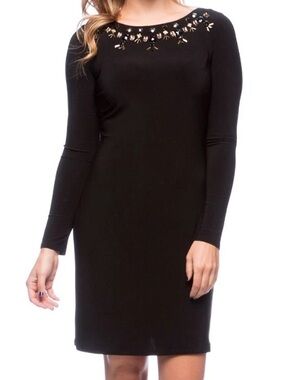 Vince Camuto Black Long-Sleeve Dress with Beaded Neckline